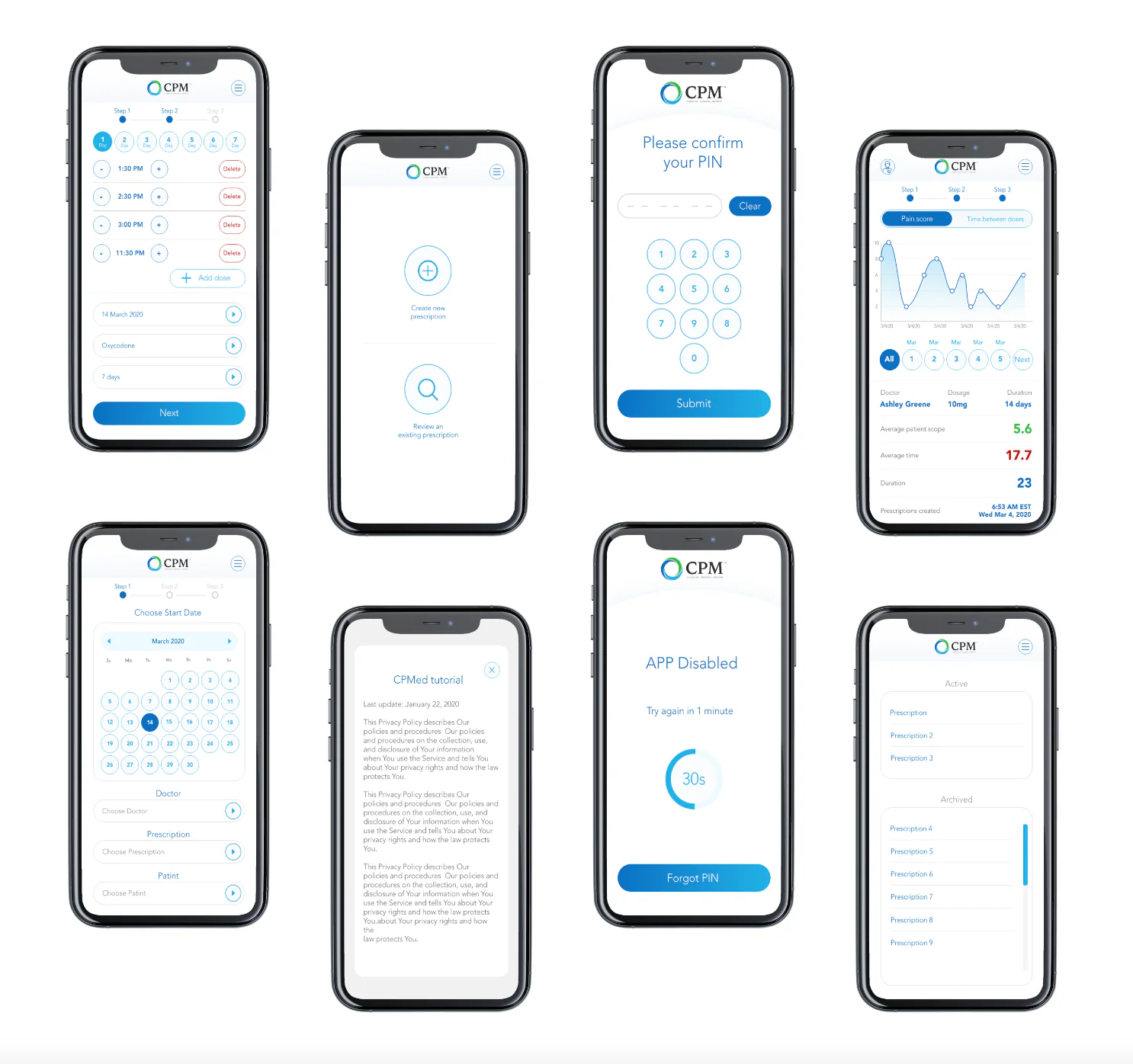 CPM medical app screens across phone mockups